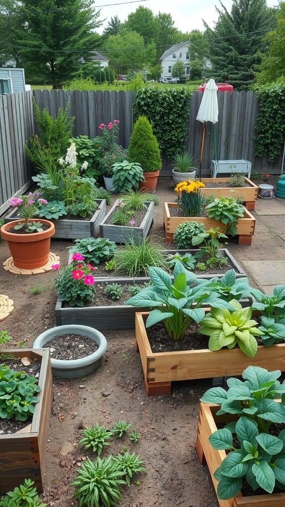 A small garden featuring various raised beds filled with flowers and vegetables.