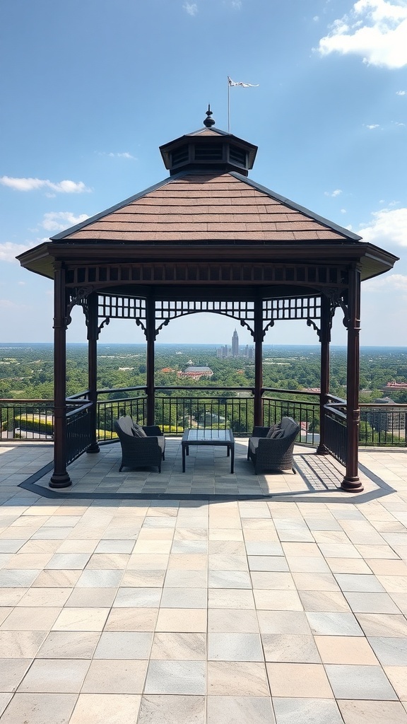 A gazebo with a rooftop deck overlooking a scenic view, featuring seating arrangements.