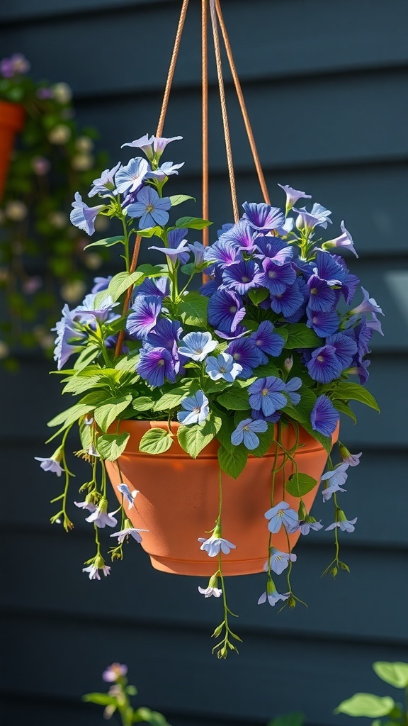 Hanging pot filled with vibrant blue and purple lobelia flowers