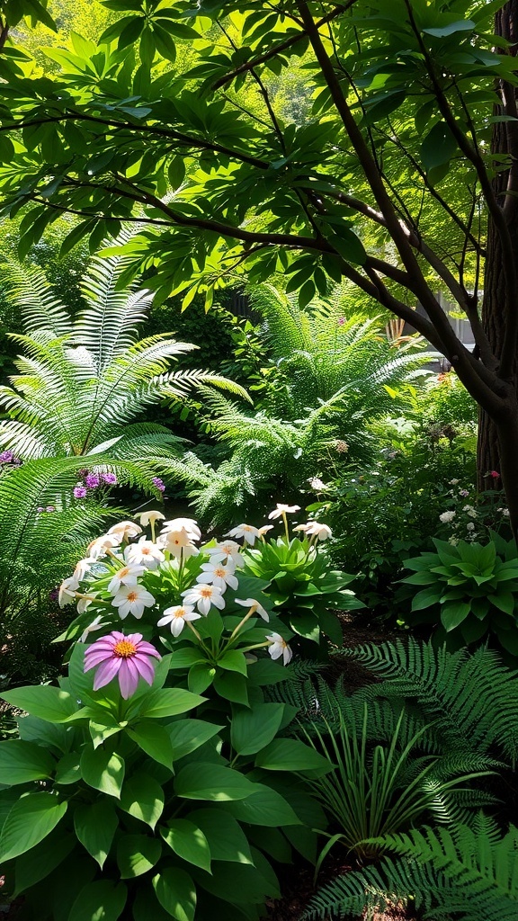 A vibrant shade garden featuring various flowers and ferns.