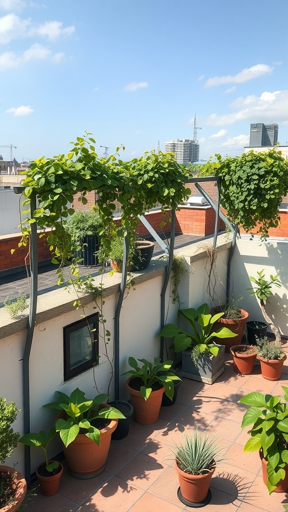 A rooftop garden featuring a trellis with climbing plants and various potted plants.
