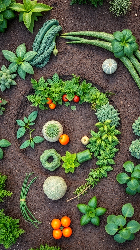 An overhead view of a spiral garden layout with various vegetables and herbs arranged in a spiral pattern.
