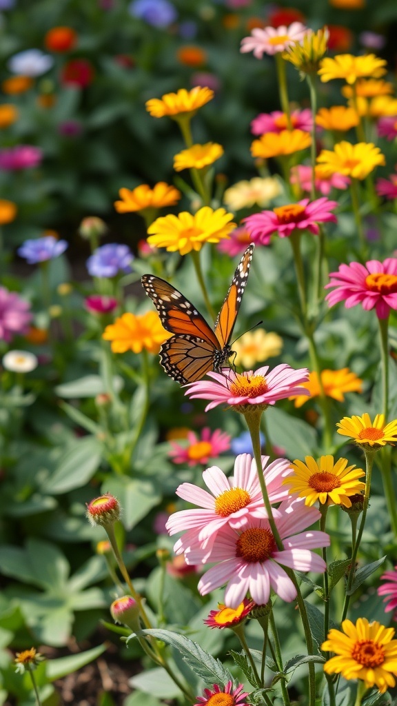 A butterfly perched on colorful flowers in a vibrant garden