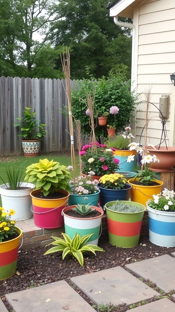 Colorful bucket garden with various plants arranged in a vibrant display.