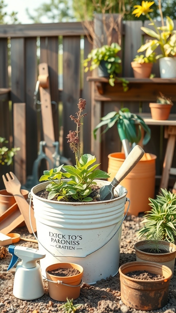 A bucket garden setup with various plants and gardening tools.