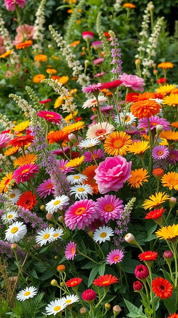 A colorful garden filled with various seasonal flowers including daisies, zinnias, and roses.