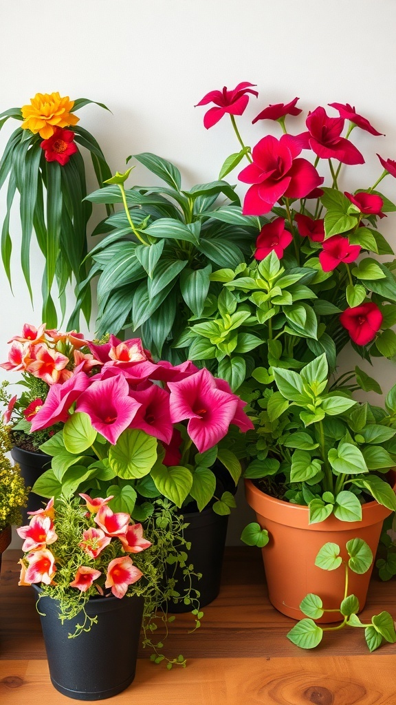 A variety of colorful plants in pots, showcasing options for vertical gardens.