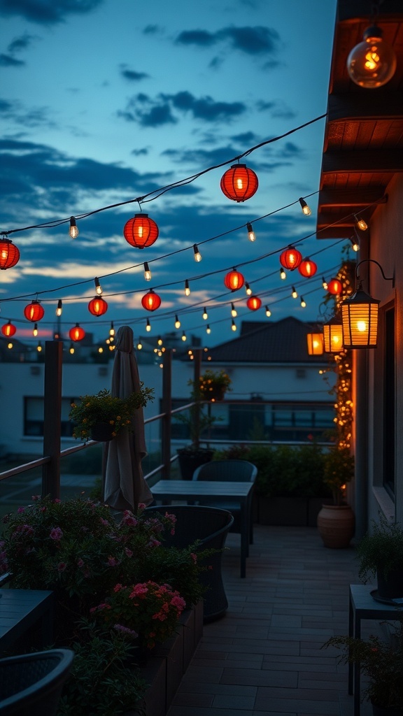 A rooftop garden with string lights and lanterns creating a cozy evening atmosphere.
