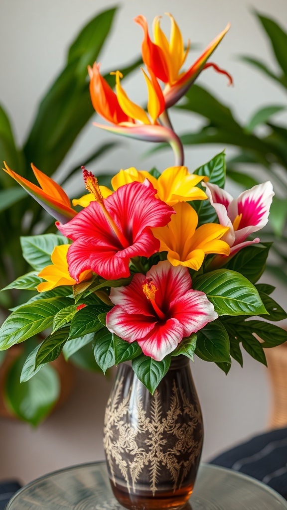 A vibrant tropical flower arrangement featuring red and pink hibiscus, yellow flowers, and green leaves in a decorative vase.