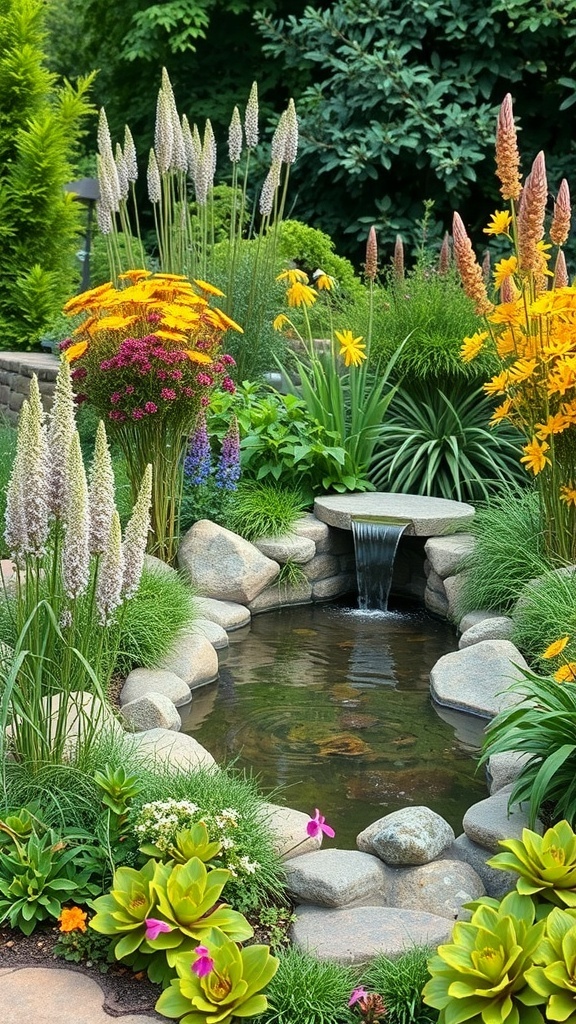 A colorful wildlife-friendly garden with a water feature and various flowers.