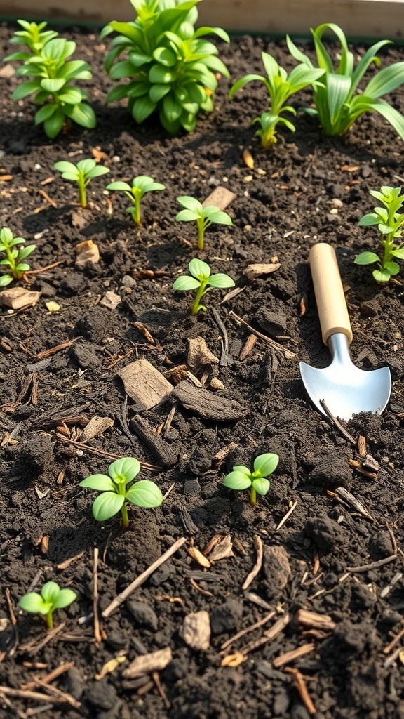 A garden bed with young plants and a small gardening tool on dark soil.