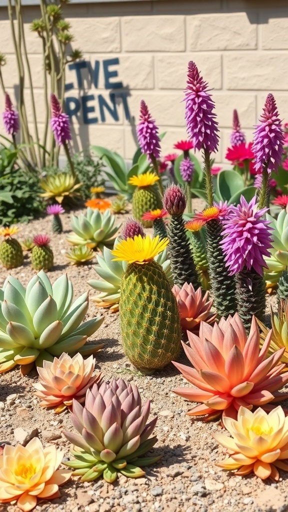 A vibrant garden featuring succulents and colorful flowers, showcasing drought-resistant plants.