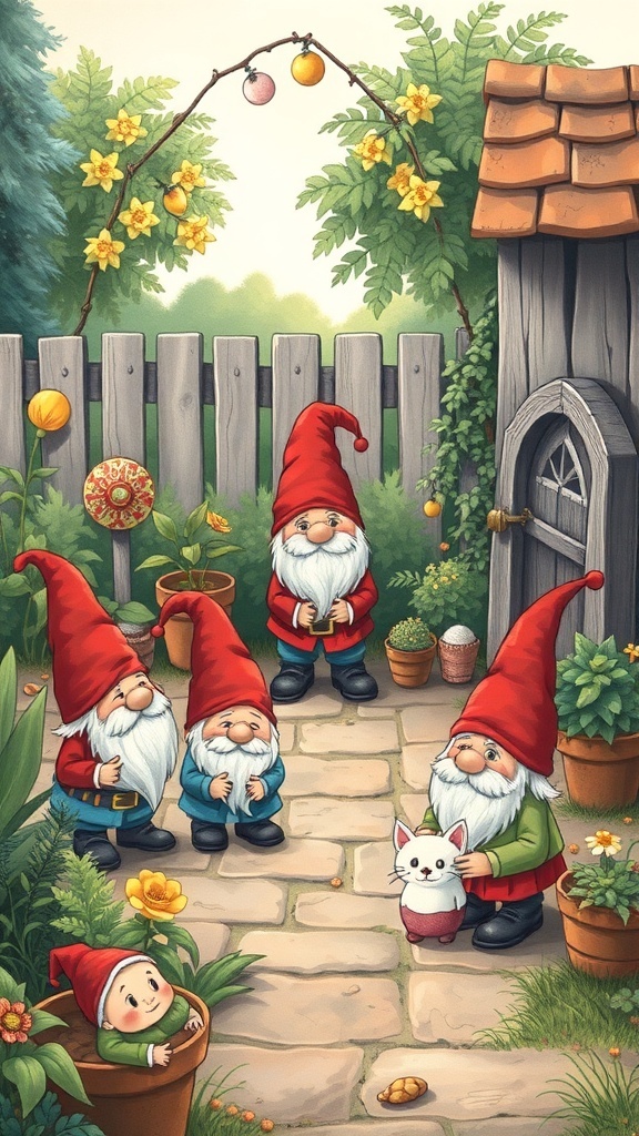 A whimsical garden scene featuring several gnomes, colorful flowers, and a cozy shed.