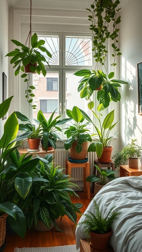 A cozy bedroom filled with various indoor plants, showcasing a vibrant and inviting atmosphere.