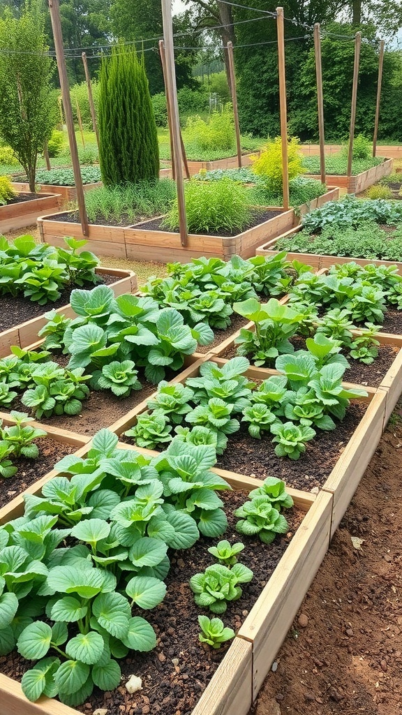 A vibrant raised bed vegetable garden with various leafy greens and herbs in wooden frames.