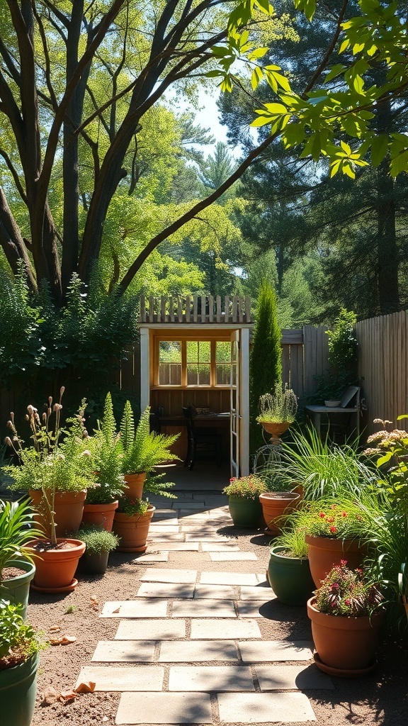 A sunny potager garden with a path leading to a shed, surrounded by various potted plants.
