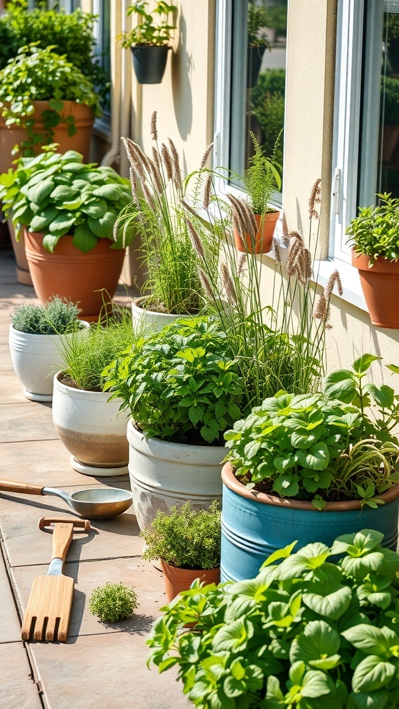 A sunny patio with various herbs growing in colorful containers, showcasing a small gardening setup.