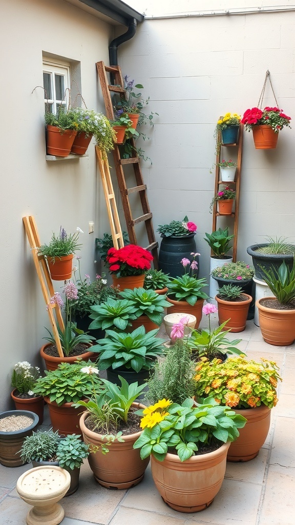 A small courtyard filled with various potted plants, showcasing vibrant flowers and greenery.