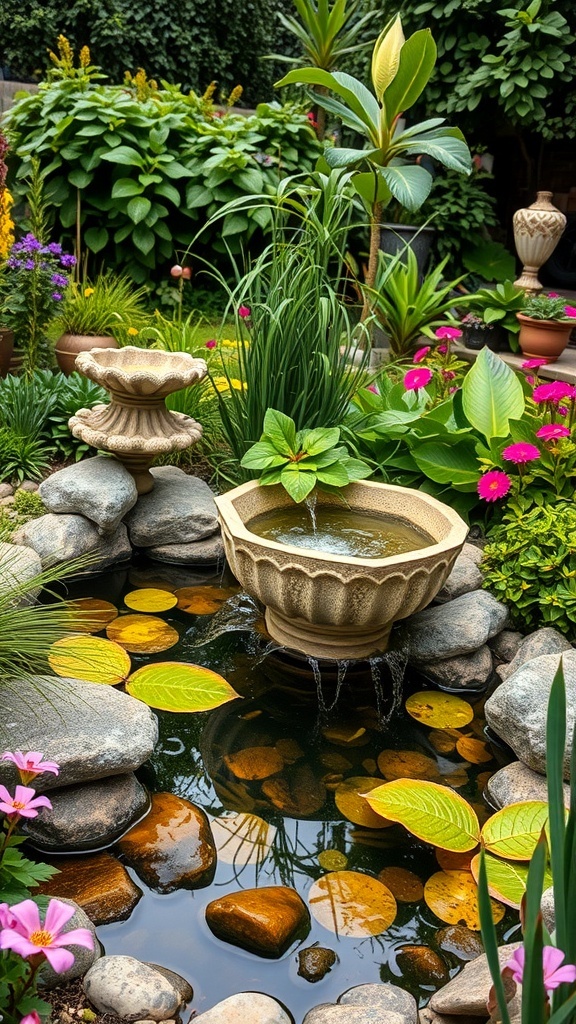 A charming garden pond with a fountain surrounded by colorful flowers and lush greenery.