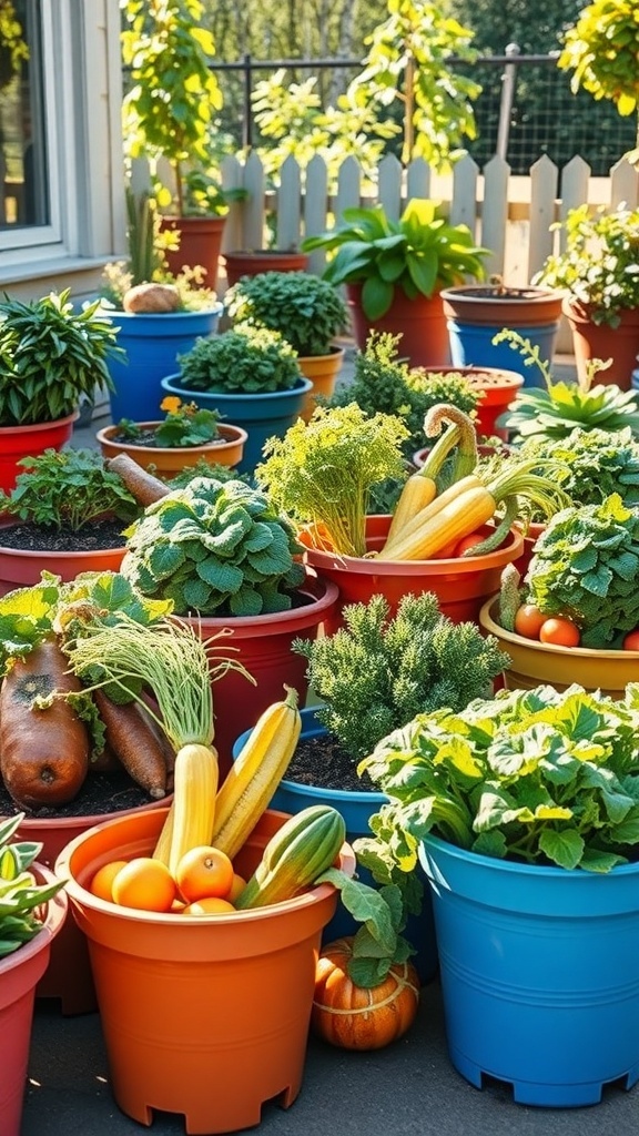Colorful pots filled with various vegetables in a container garden