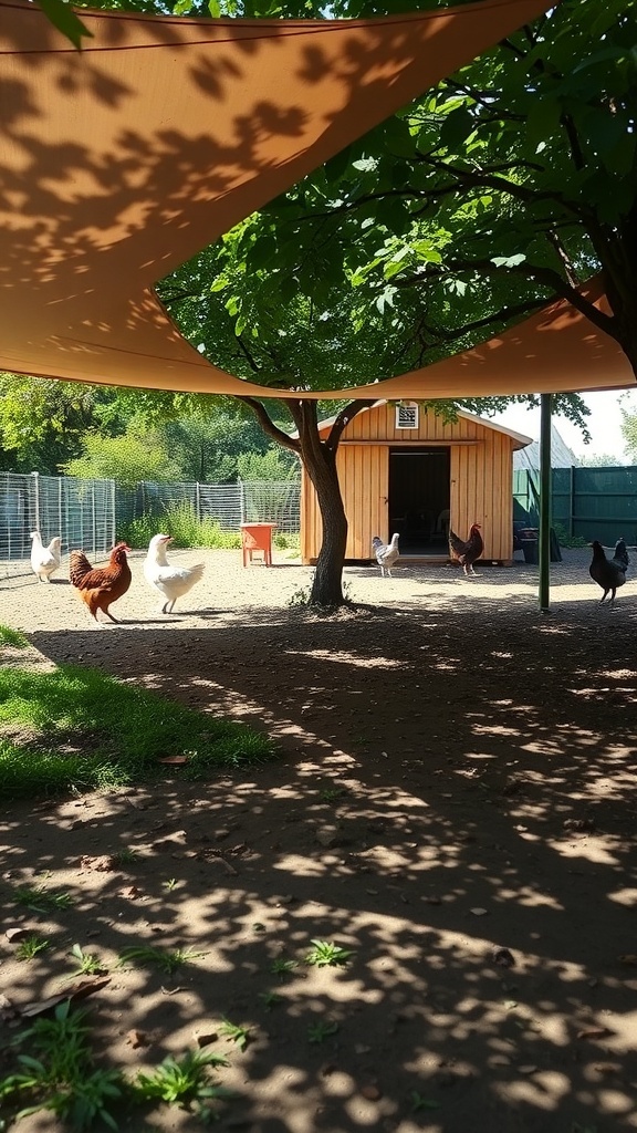 Chickens in a shaded area with a coop in the background