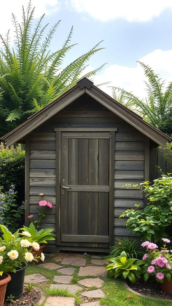 A rustic wooden garden shed surrounded by greenery and flowers.