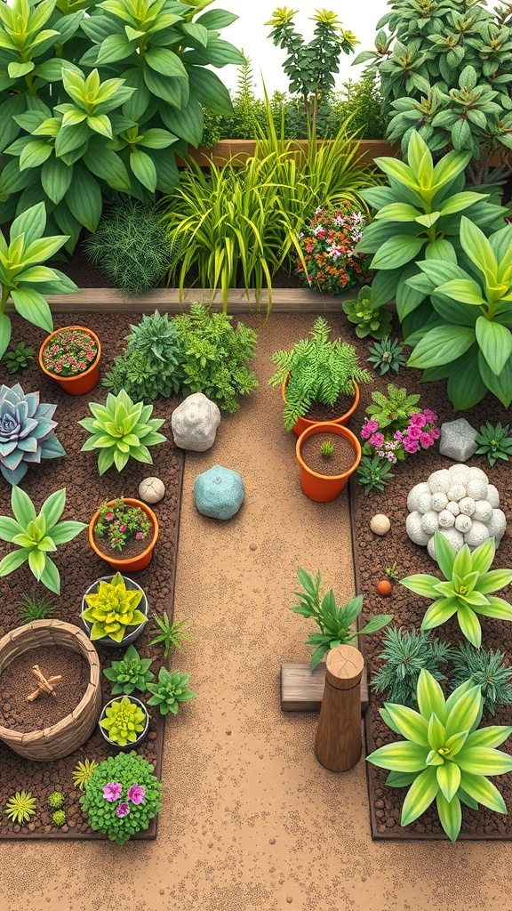 A colorful and diverse homestead garden layout featuring various plants, pots, and pathways.