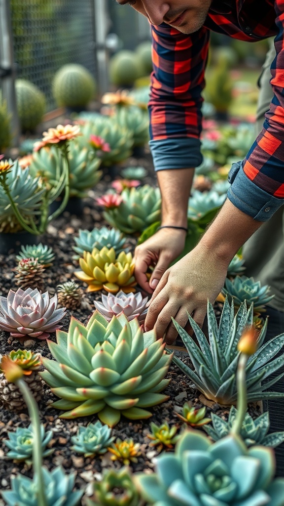 A person tending to a colorful succulent garden, focusing on plant care.