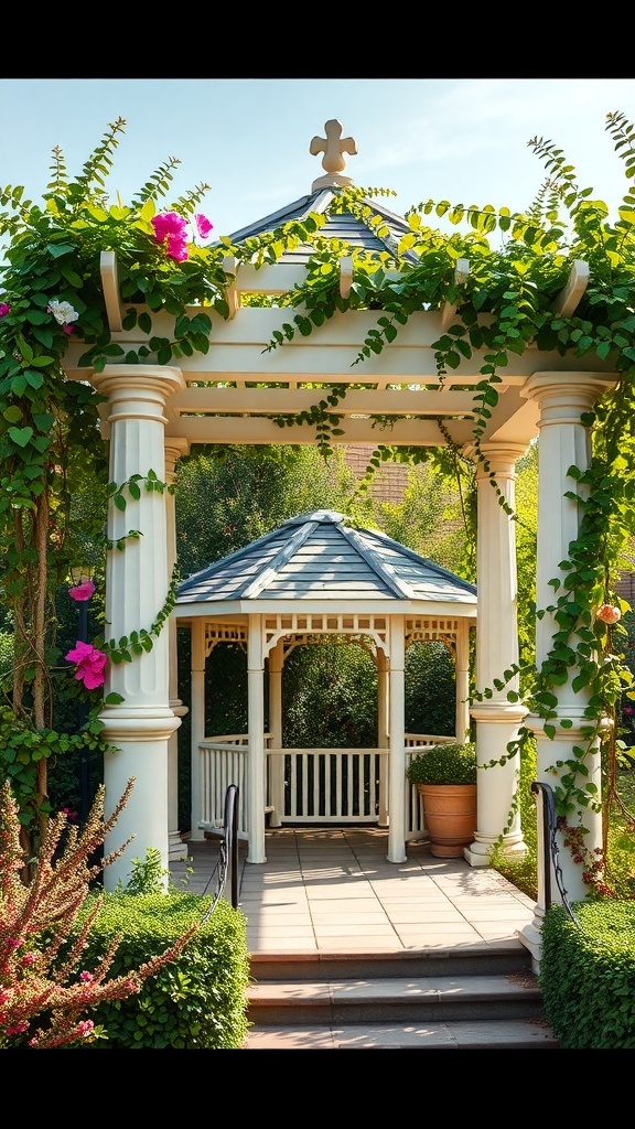 A beautiful gazebo surrounded by greenery and flowers