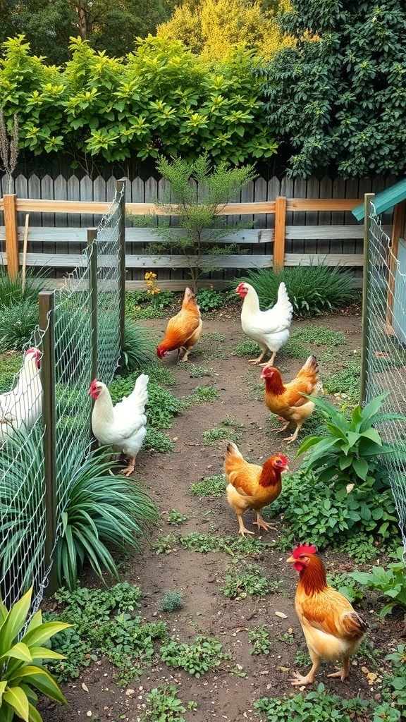 Chickens roaming in a garden with a wire fence and lush greenery.