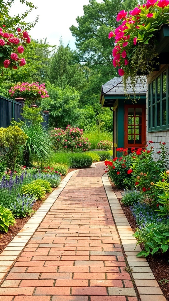 A charming garden walkway made of brick pavers, surrounded by colorful flowers and greenery.