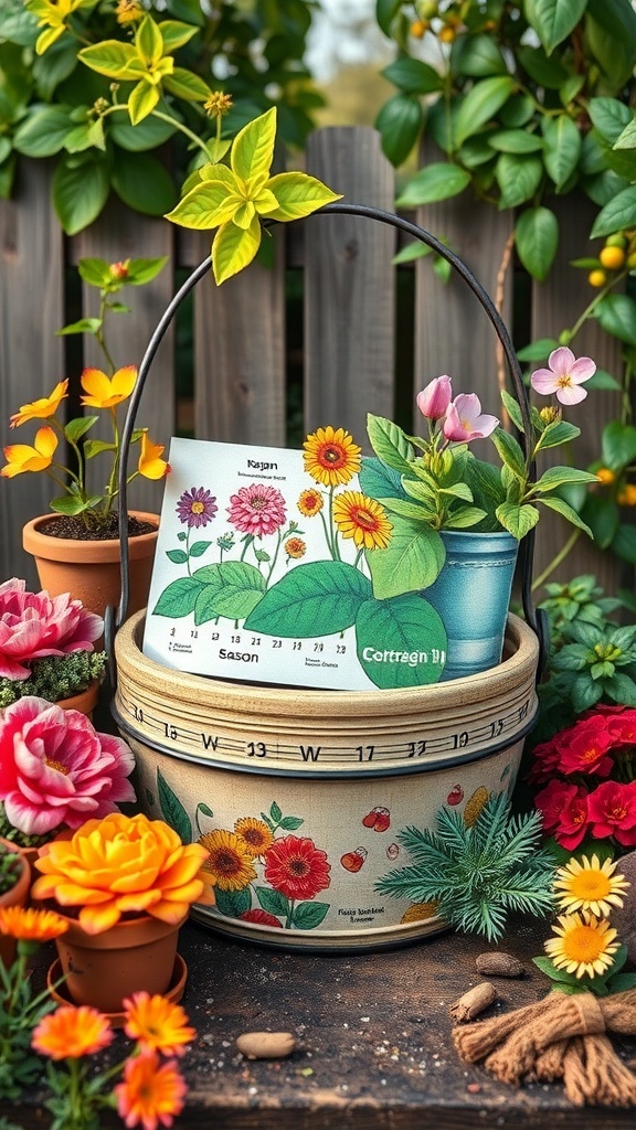 A colorful bucket with flowers and a seasonal planting calendar.