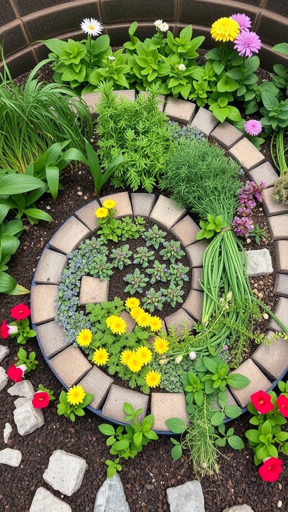 A vibrant herb spiral garden with various herbs and flowers arranged in a circular pattern.