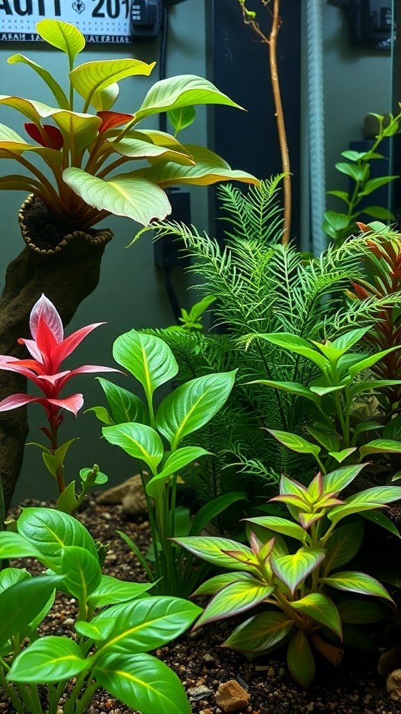 A vibrant indoor water garden featuring various lush green plants.