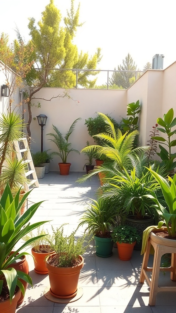 A small terrace garden filled with various potted plants under bright sunlight.