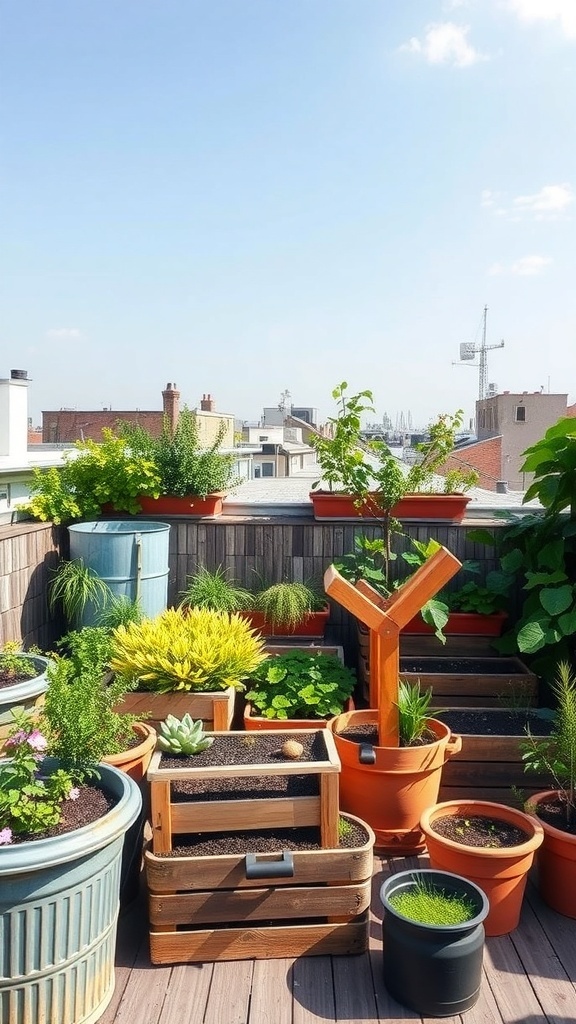 A vibrant rooftop garden filled with various plants in pots and raised beds, showcasing sustainable gardening practices.