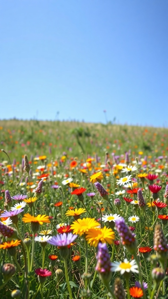 A vibrant wildflower meadow with various colorful flowers under a clear blue sky.
