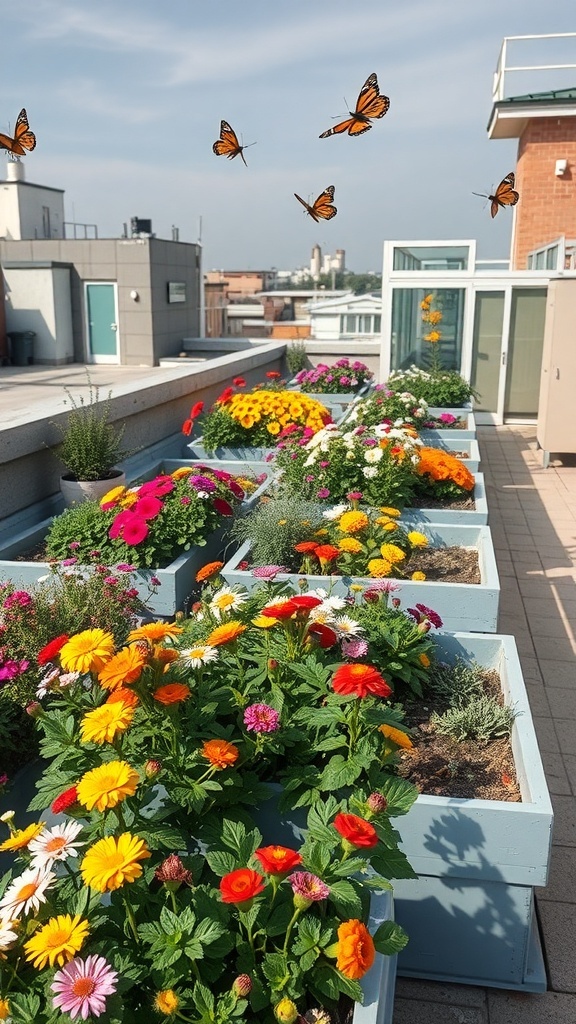 A rooftop garden with colorful flower beds and butterflies