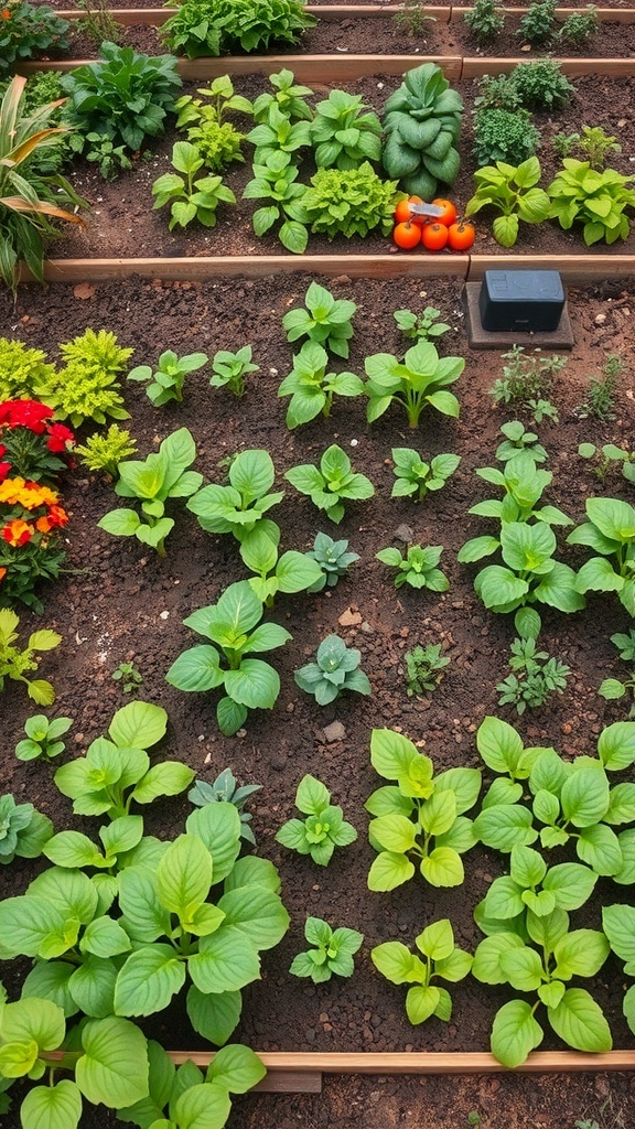 A vibrant square foot garden layout with various vegetables and herbs organized in neat squares.