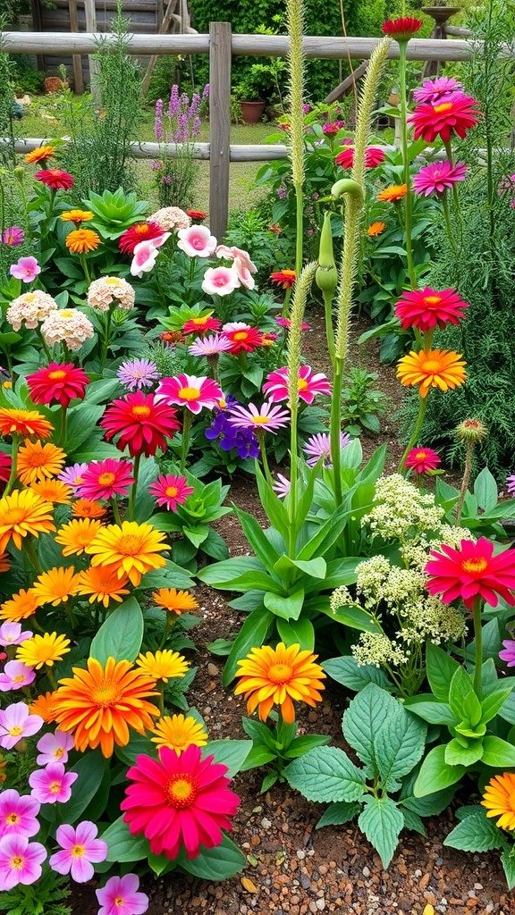 A colorful flower garden with various blooming flowers and greenery.