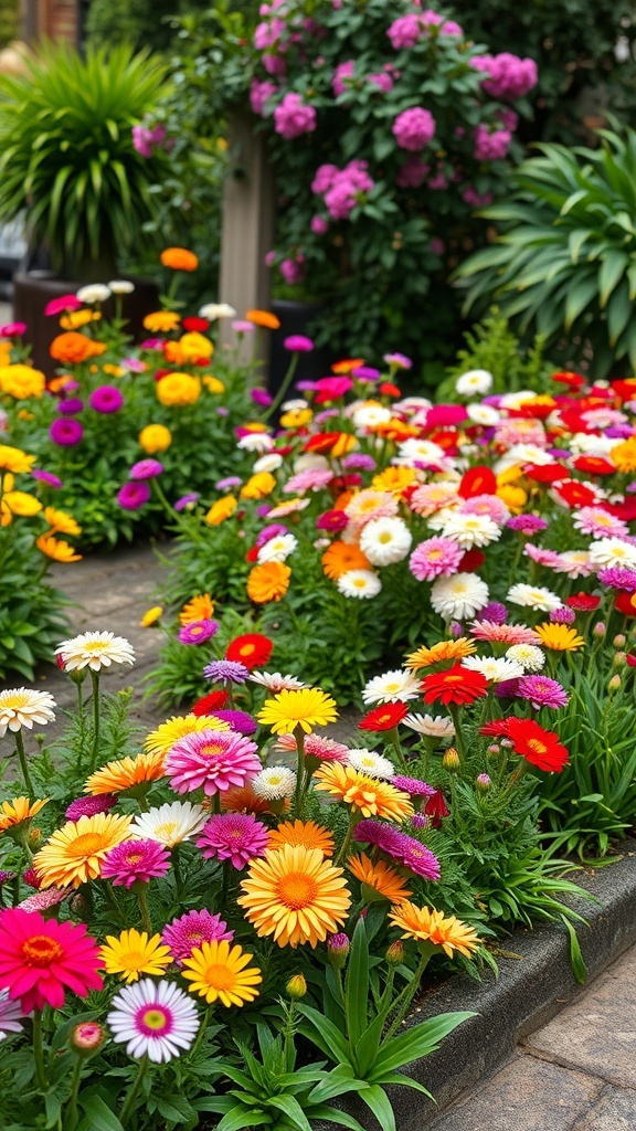 A vibrant flower border featuring a variety of colorful flowers in a small garden.