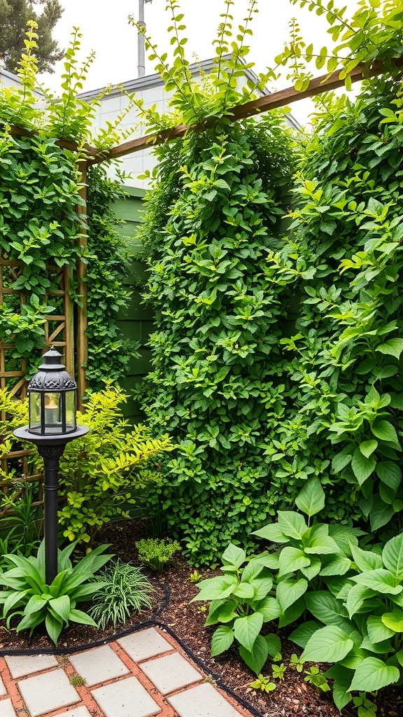 Lush greenery forming a privacy screen in a garden with a lantern.