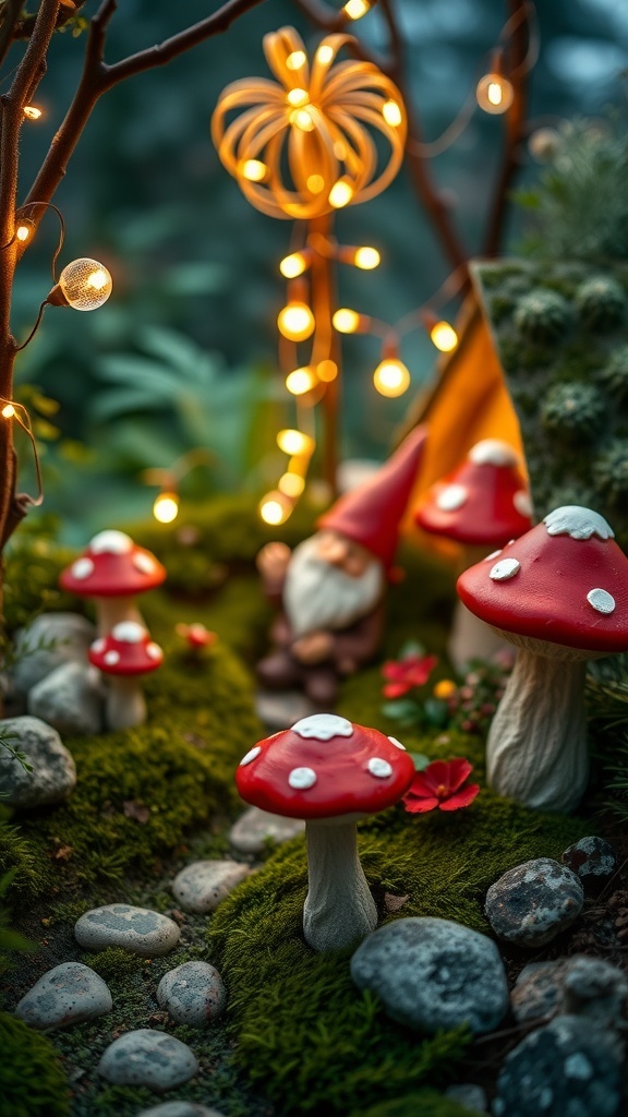A whimsical garden scene featuring gnomes, red mushrooms, and fairy lights.