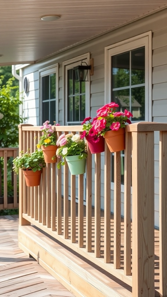 Colorful flower pots hanging from wooden railings on a mobile home porch.