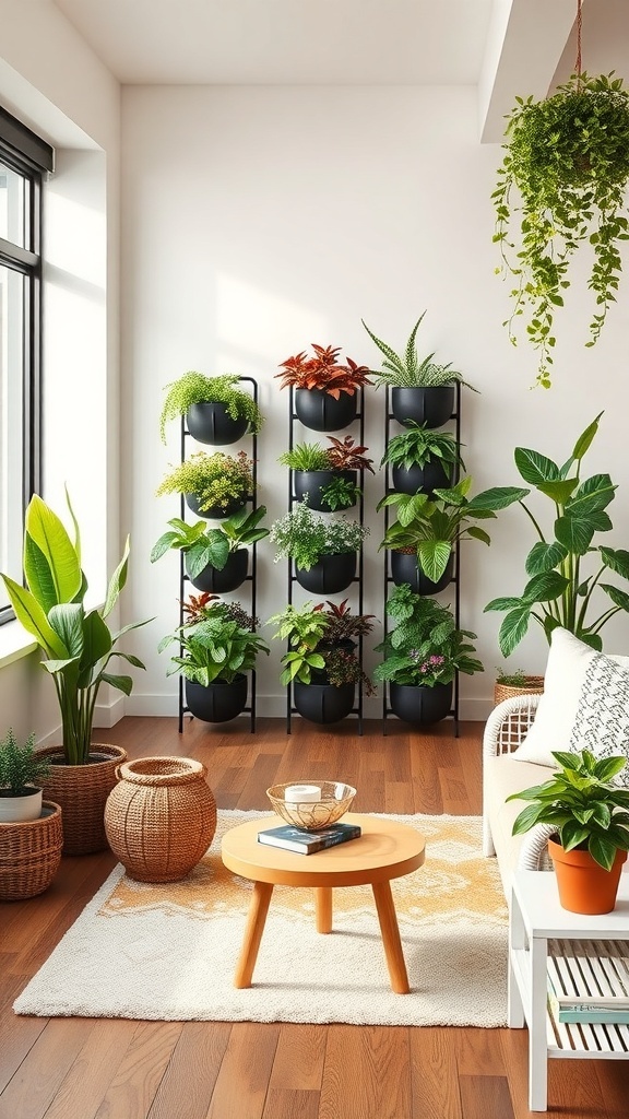 A stylish vertical garden setup with various plants in pots, showcasing a modern indoor space.