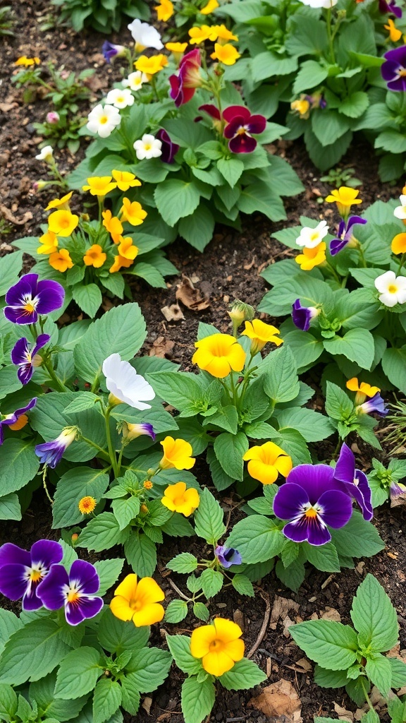 Colorful pansies and violas in a garden bed