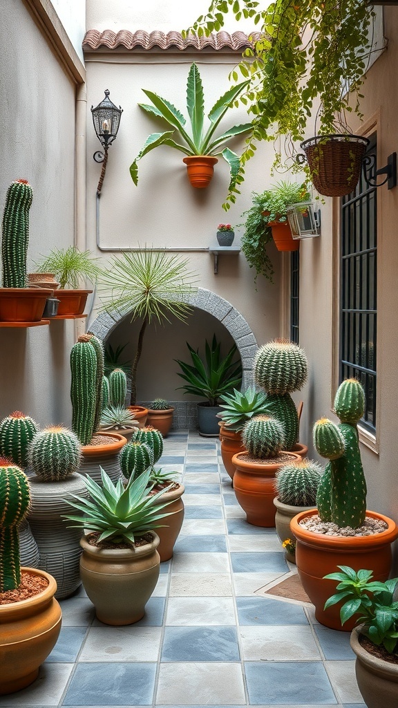 A small courtyard filled with various succulents and cacti in terracotta pots, featuring a mix of heights and hanging plants.