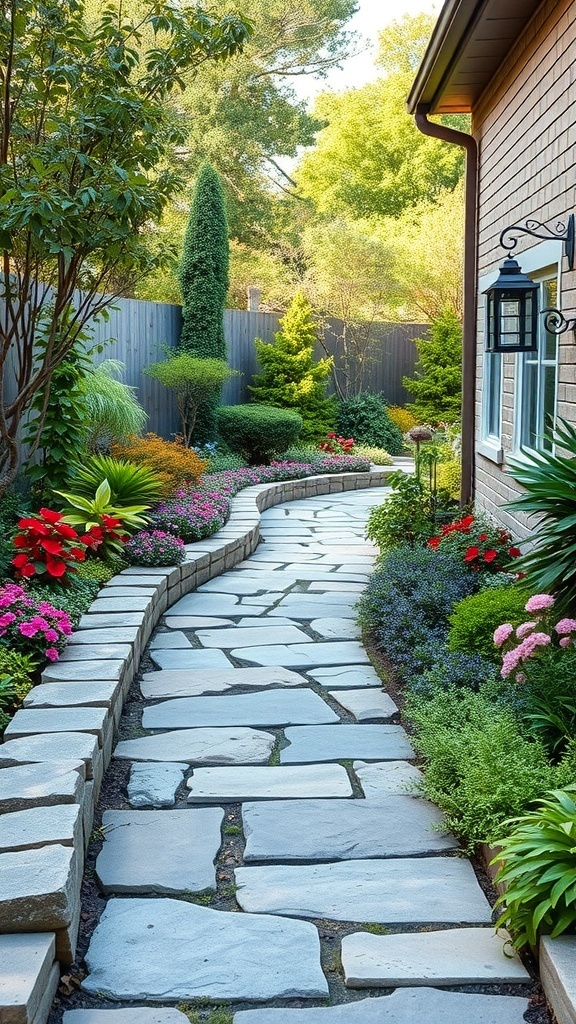 A winding stone pathway surrounded by colorful flowers and greenery.
