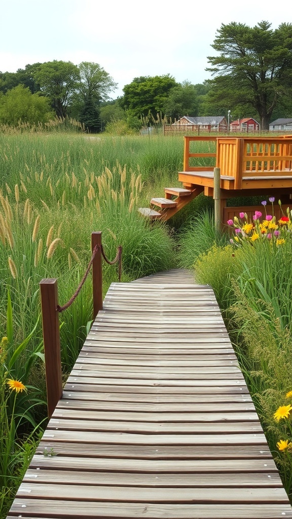 A wooden boardwalk winding through tall grass and flowers in a garden.