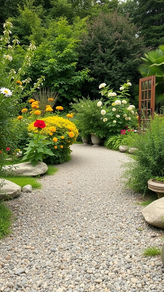 A gravel garden path surrounded by colorful flowers and greenery.